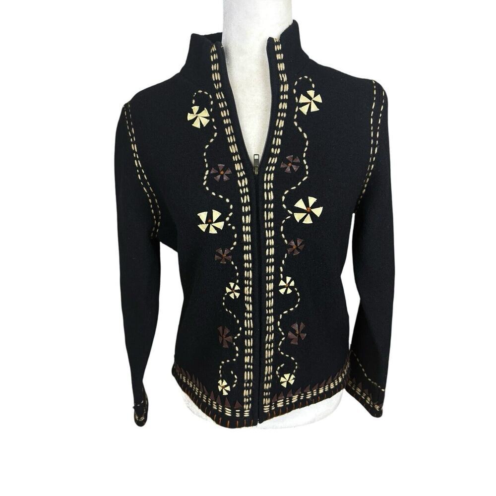 Lauren Hansen Sweater Womens S Black Wool Leather Floral Embroidered Vintage - Picture 3 of 14